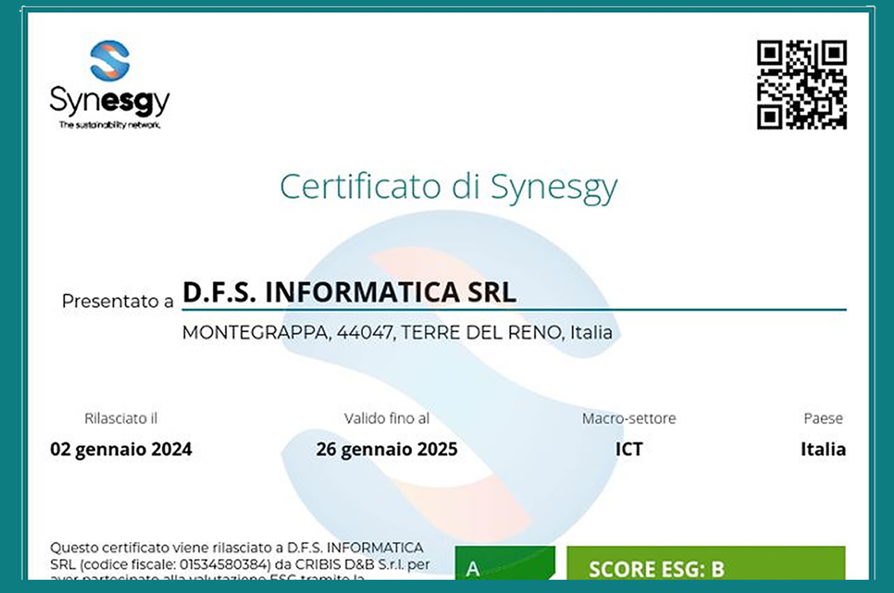 D.F.S. INFORMATICA srl ha conseguito il Certificato di valutazione ESG 